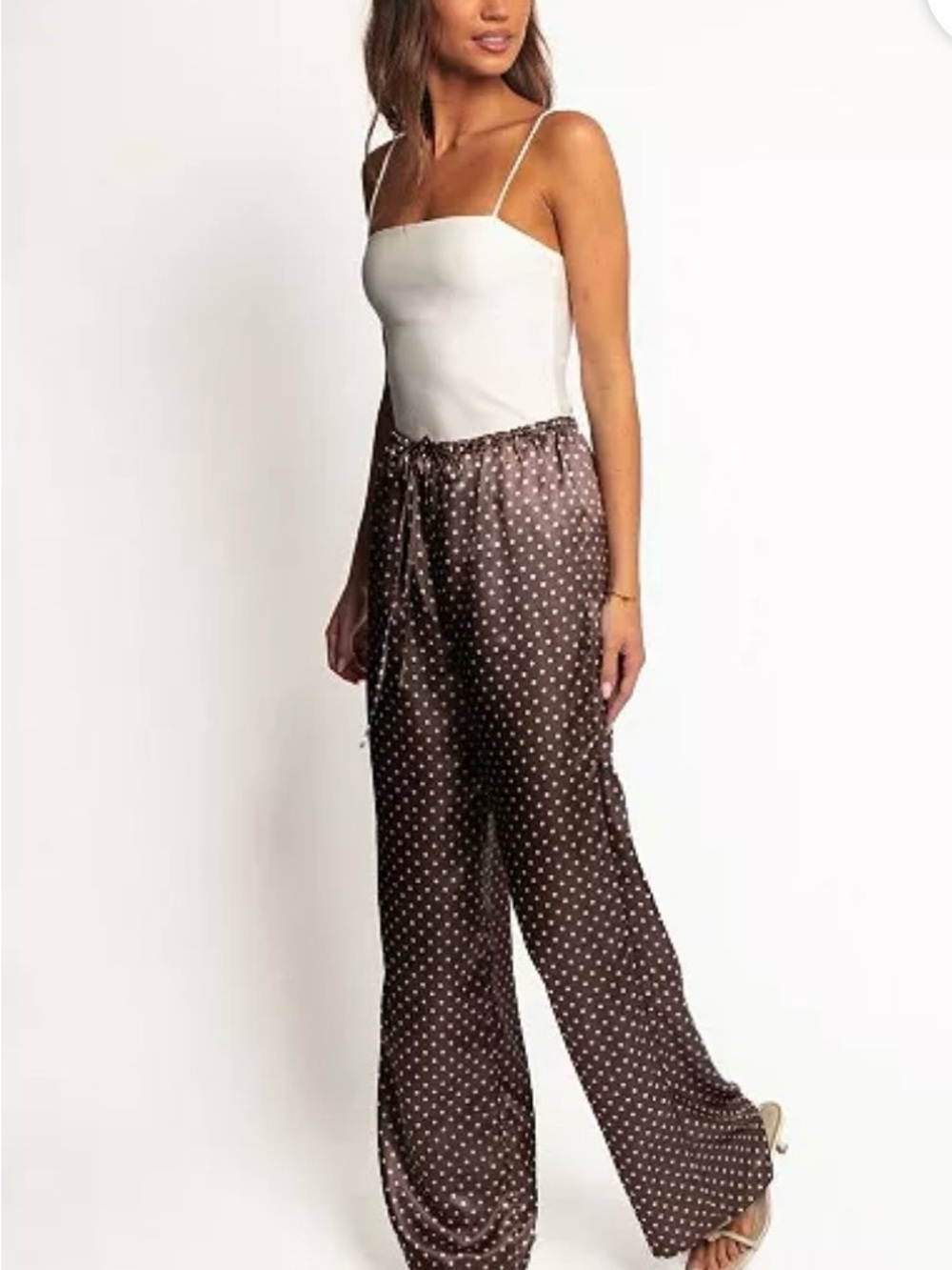 Petal & Pup Wide-Leg Polka Dot Satin Pants - Brown